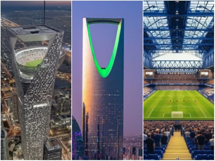 L&rsquo;Arabie Saoudite dévoile le premier stade aérien au monde, s&rsquo;élevant à 350 mètres au-dessus du désert.